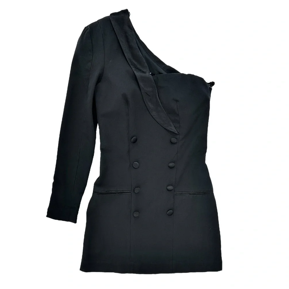Zara Black One Shoulder Tuxedo Blazer Style Cocktail Mini Dress sz M - Picture 3 of 9
